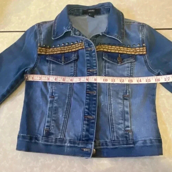Forever 21 Cropped Denim Jean Jacket Studded Embroidered Aztec design Size Small - Picture 7 of 9